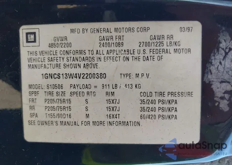 1997 Chevrolet Blazer Ls z USA, uszkodzony, nr VIN 1GNCS13W4V2200380